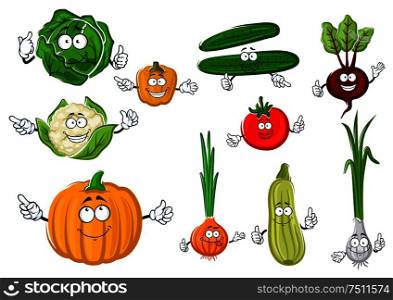 Fresh crunchy green cucumbers and cabbage, ripe red tomato and purple beet, sweet orange bell pepper and pumpkin, juicy zucchini and cauliflower, spicy onion and scallion vegetables cartoon characters. Fresh and tasty cartoon farm vegetables