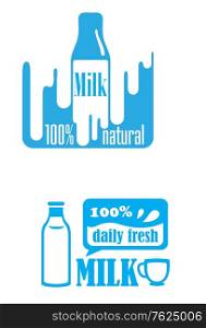 Fresh dairy and 100 percent natural milk labels in blue for food product industry isolated over white background