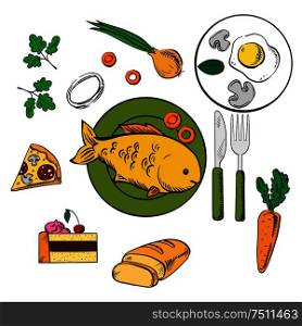 Fresh dinner food and snack vector icons with cake, carrot and onion vegetables, fried eggs, pizza and sliced bread surrounding a central plate with fish. Fresh dinner and snack food icons