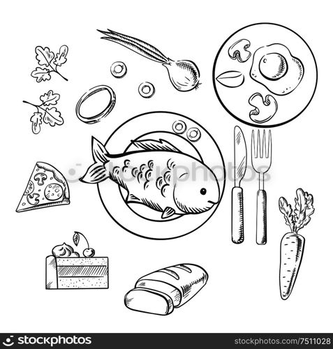 Fresh dinner food with sketch vector icons as a cake, vegetables, fried eggs, pizza and sliced bread surrounding a central plate of fish. Sketch style. Fresh dinner food with sketch vector icons