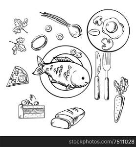 Fresh dinner food with sketch vector icons as a cake, vegetables, fried eggs, pizza and sliced bread surrounding a central plate of fish. Sketch style. Fresh dinner food with sketch vector icons
