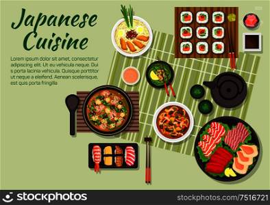 Fresh dinner of japanese cuisine with maki and nigiri sushi, sashimi set with salmon teriyaki, tuna, cuttlefish and scallops, miso soup with fried pork, green tea and soup with tofu and shrimps, beef with mushrooms and vegetables, sauces and condiments. Fish dishes of japanese cuisine