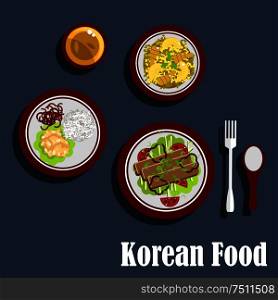 Fresh dinner of korean cuisine with grilled meat, served with tomatoes, bell peppers and herbs, fried rice with shrimps and pineapples, meatballs with red bell peppers and cup of tea. Traditional dishes of korean cuisine