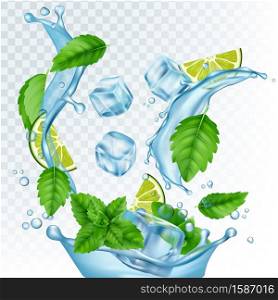 Fresh drink vector illustration. Realistic water, ice cubes, mint leaves and lime isolated on transparent background. Mojito with lemon and leaf mint, fresh mocktail with ice. Fresh drink vector illustration. Realistic water, ice cubes, mint leaves and lime isolated on transparent background