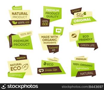 Fresh eco food tags set. Stickers with natural, bio, organic product text s&les. Badges templates for healthy food emblems, farm market, vegan or vegetarian diet concept