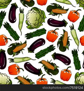 Fresh farm bell pepper, corn, asparagus, cauliflower and daikon vegetables seamless pattern on white background. Agriculture, farm market or food packaging design. Seamless fresh farm vegetables pattern