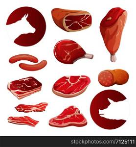 Fresh farm meat and meat product icons vector set. Illustration of food steak, meat pork and beef. Fresh farm meat and meat product icons vector set