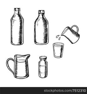 Fresh farm milk in bottles, jugs and glass. Isolated on white background, sketch icons. Bottles, jugs and glass of milk