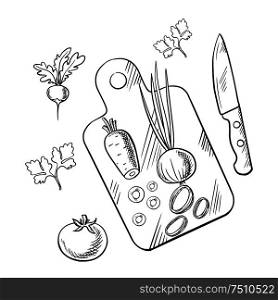 Fresh farm tomato, carrot, green onion and radish vegetables on cutting board with knife and parsley stems. Cooking process sketch image for vegetarian menu or recipe book design. Cooking process of healthy vegetarian salad