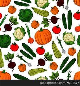 Fresh farm vegetables background with tomato, onion, bell pepper, cabbage, cucumber, zucchini, beetroot, pumpkin and cauliflower seamless pattern. Agriculture and organic farming themes design. Fresh farm vegetables seamless pattern background