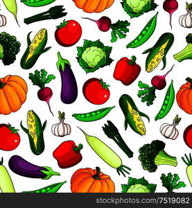 Fresh farm vegetables seamless background. Wallpaper with icon pattern of fresh vegetarian food tomato, pepper, corn, paprika, radish, pumpkin, broccoli, cauliflower, garlic, pea for grocery store, food market, product shop, tablecloth. Farm vegetables seamless pattern background.