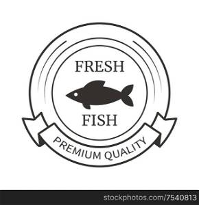 Fresh fish black marine seafood product isolated on white, vector. Logo design with monochrome silhouette of underwater animal in circle, advertising label. Fresh Fish Black Marine Seafood Product Isolated