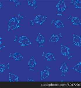 Fresh Fish Isolated on Blue Background. Seamless Pattern. Fresh Fish Seamless Pattern