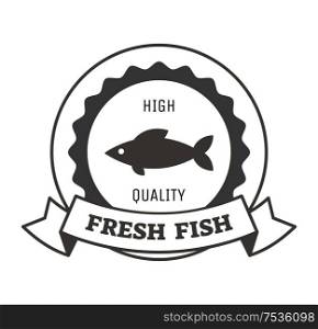 Fresh fish logo design with monochrome silhouette of underwater animal in circle, advertising label. Black marine seafood product isolated on white, vector. Fresh Fish Logo Design with Monochrome Silhouette