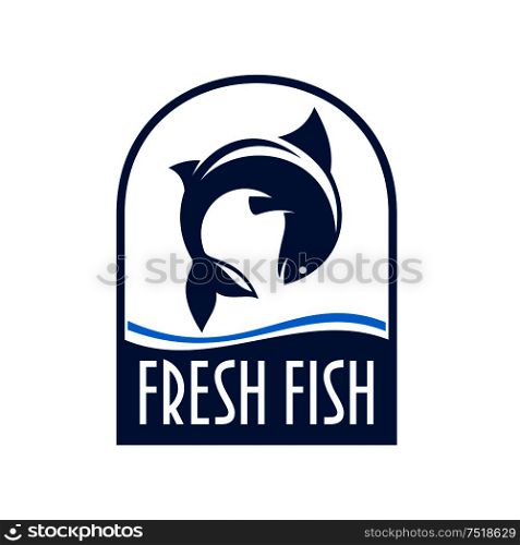 Fresh fish retro stylized symbol for seafood restaurant or fish market signboard design template with fish jumping out of the water. Fresh fish retro blue label