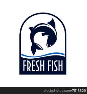 Fresh fish retro stylized symbol for seafood restaurant or fish market signboard design template with fish jumping out of the water. Fresh fish retro blue label