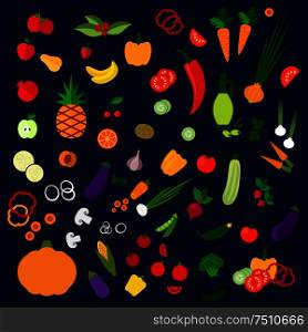 Fresh flat fruits and vegetables with icons of tomatoes corn carrots bananas apples orange pumpkin pineapple peppers strawberry cucumber olive oil cherry onion mushrooms potato. Fresh healthy farm fruits and vegetables icons