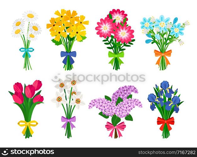 Fresh flowers bouquets. Summer bouquet set isolated, woman flowers gift, tulips and daisies, lilacs and daffodils spring bunches vector illustration. Fresh flowers bouquets. Summer bouquet set isolated, woman flowers gift, tulips and daisies, lilacs and daffodils spring bunches