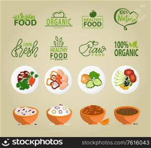 Fresh food and ingredients vector, bowls with prepared meal, paprika and cucumber, carrot and tomato, bell pepper and spices, eco logotypes healthy dishes. Vegan healthy food menu. Organic Vegetable, Natural Product, Bio Food Set