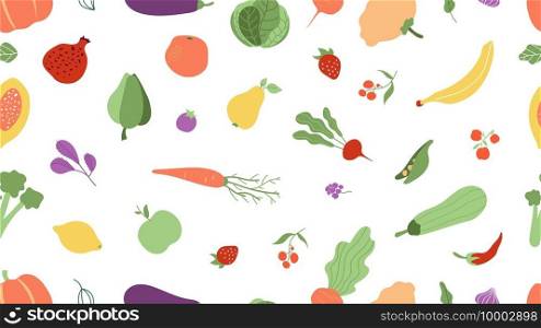 Fresh food seamless pattern. Vegetables, fruits texture. Farm agricultural products vector background. Fruit and vegetable pattern, agriculture organic illustration. Fresh food seamless pattern. Vegetables, fruits texture. Farm agricultural products vector background
