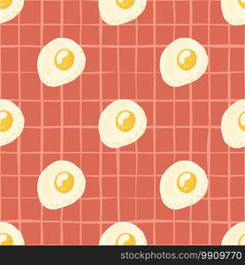 Fresh food seamless pattern with omelette silhouettes. Light red chequered background. Organic eggs print. Great for wallpaper, textile, wrapping paper, fabric print. Vector illustration.. Fresh food seamless pattern with omelette silhouettes. Light red chequered background. Organic eggs print.