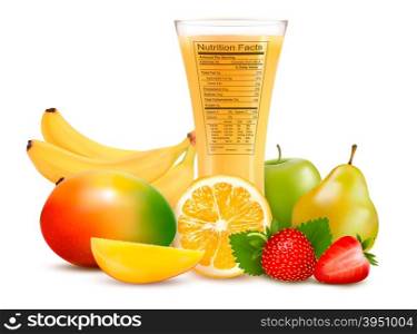 Fresh fruit and a glass of juice with a nutrition facts label. Vector illustration
