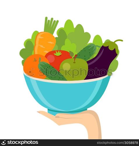 Fresh fruit and vegetables. Vector flat design. Healthy eating concept. Hand holding organic products. Healthy eating concept. Hand holding organic products. Fresh fruit and vegetables. Vector flat design