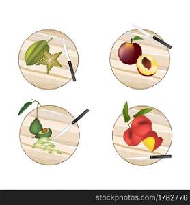 Fresh Fruit, Avocado, Carambola or Starfruit, Peach, Angel Peach on Wooden Cutting Boards. 
