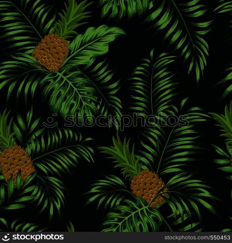 Fresh fruit brown pineapple and green tropical palm leaves seamless pattern on the black background. Exotic vector wallpaper