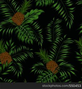 Fresh fruit brown pineapple and green tropical palm leaves seamless pattern on the black background. Exotic vector wallpaper
