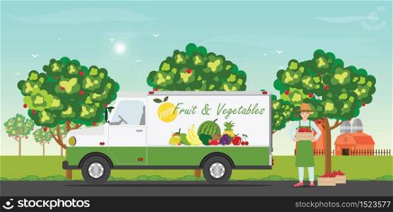 Fresh fruit delivery car with the farmers smiling and holding fresh apples, Vector illustration.