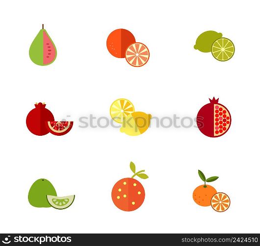 Fresh fruit icon set. Guava Tangerine Lime Pomegranate Lemon Pomegranate Pomelo Orange Whole tangerine with slice