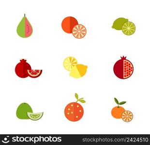 Fresh fruit icon set. Guava Tangerine Lime Pomegranate Lemon Pomegranate Pomelo Orange Whole tangerine with slice