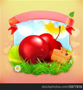 Fresh fruit label cherry, vector illustration background for making design of a juice pack, jam jar etc