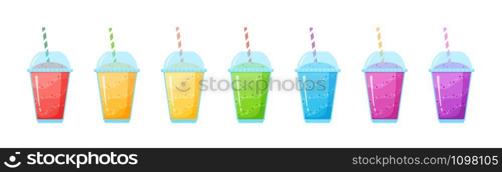Fresh fruit smoothie shake cocktail set vector illustration. Coolection of glass with layers of sweet vitamin juice cocktail or protein shake in rainbow colors for smoothies summer menu. Fruit smoothie shake cocktail set menu template