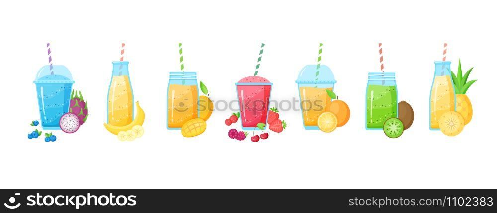 Fresh fruit smoothie shake cocktail set vector illustration. Glass with layers of sweet vitamin juice cocktail in rainbow colors with fruits. Isolated on white background for smoothies summer menu. Fruit smoothie shake cocktail isolated set