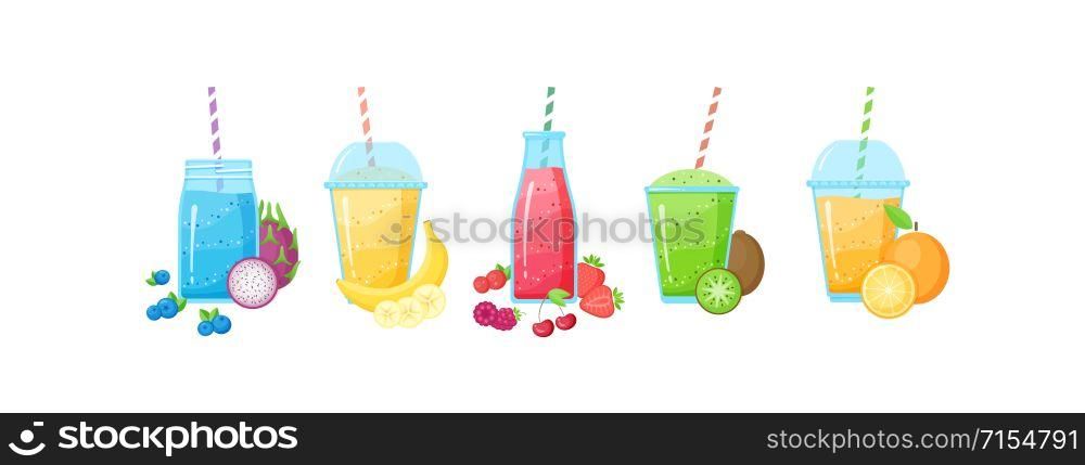 Fresh fruit smoothie shake cocktail set vector illustration. Isolated on white background collection of glass with layers of sweet vitamin juice cocktail with fruits for smoothies summer menu. Fruit smoothie shake cocktail set menu template