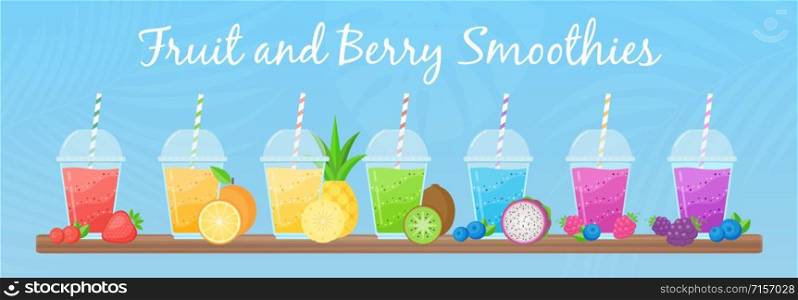 Fresh fruit smoothie shake cocktail set vector illustration. Coolection of glass with layers of sweet vitamin juice cocktail or protein shake in rainbow colors with fruits for smoothies summer menu. Fruit smoothie shake cocktail set menu template