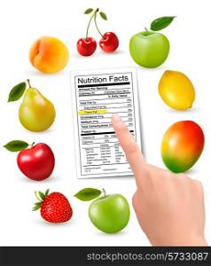 Fresh fruit with a nutrition facts label and hand. Vector