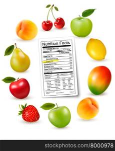 Fresh fruit with a nutrition facts label, Vector