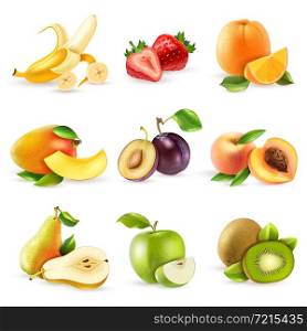 Fresh fruits and berries colorful pictograms compositions collection with mango strawberry and banana realistic isolated vector illustration . Fruits Flat Icons Set