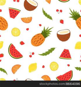 Fresh fruits and berries seamless texture. Juicy watermelon pineapple strawberry and citrus. Bright vitamin food summer vector print template. Illustration of fresh seamless, fruit berry wallpaper. Fresh fruits and berries seamless texture. Juicy watermelon pineapple strawberry and citrus. Bright vitamin food summer vector print template