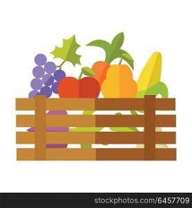Fresh fruits and vegetables at the market vector. Flat design. Delivery farm products, grocery store assortment, foods for diet concept. Wooden box full of apple, grape, pears, corn, beets, radishes.. Fresh Fruits and Vegetables Vector Illustration.