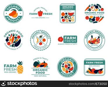Fresh fruits and vegetables badges. Organic food, natural products and summer fruit. Vegetable badge, farm premium quality healthy foods ingredients logotype. Vector isolated illustration icons set. Fresh fruits and vegetables badges. Organic food, natural products and summer fruit. Vegetable badge vector illustration set