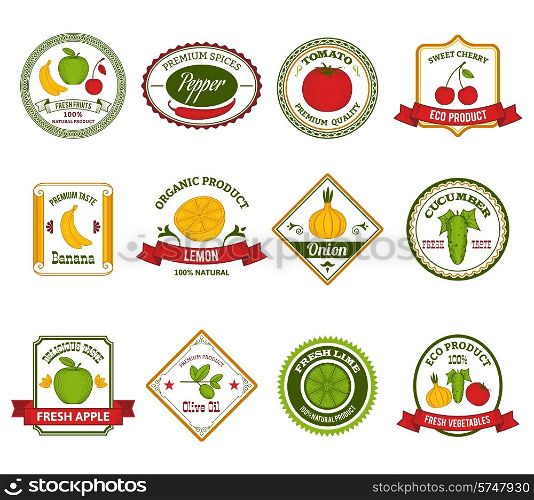 Fresh fruits and vegetables eco product labels set with tomato and bananas color abstract isolated vector illustration