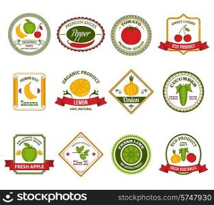 Fresh fruits and vegetables eco product labels set with tomato and bananas color abstract isolated vector illustration