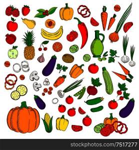 Fresh fruits and vegetables with tomato corn carrot banana apple orange pumpkin pineapple pepper strawberry cucumber olive oil cherry onion mushrooms and potato. Fresh healthy farm fruits, vegetables flat icons