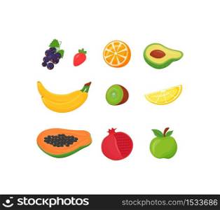 Fresh fruits cartoon vector illustrations set. Blackcurrant, strawberry and orange healthy meal. Exotic bananas and kiwi, flat color object. Tropical lemon and papaya isolated on white background. Fresh fruits cartoon vector illustrations set