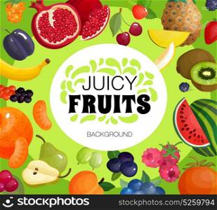 Fresh Fruits Frame Background Poster . Juicy tropical fruits and fresh berries composition decorative square frame background poster with pomegranate and raspberry vector illustration
