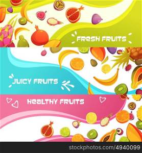 Fresh Fruits Horizontal Banners Set . Healthy fresh fruits 3 colorful appetizing horizontal banners set with orange banana and pineapple abstract isolated vector illustration
